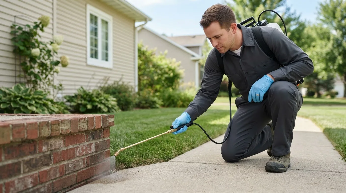 Pest control technician treating a home near Wahkon, MN