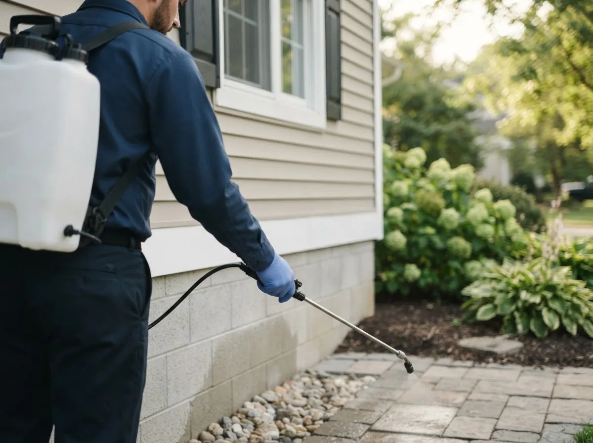 Pest control technician inspecting a home in Wahkon, MN